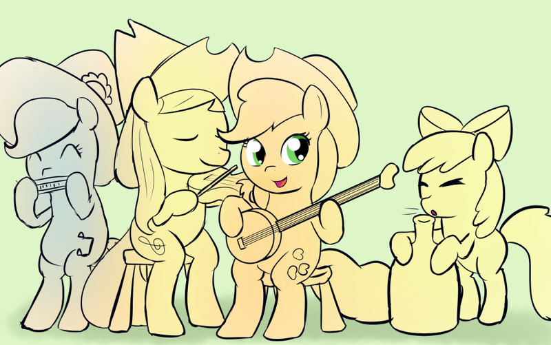 Size: 900x564 | Tagged: apple bloom, apple family member, applejack, artist:empyu, banjo, blewgrass, derpibooru import, fiddlesticks, glass blowing, harmonica, musical instrument, pitch perfect, quartet, safe, violin, wrong cutie mark