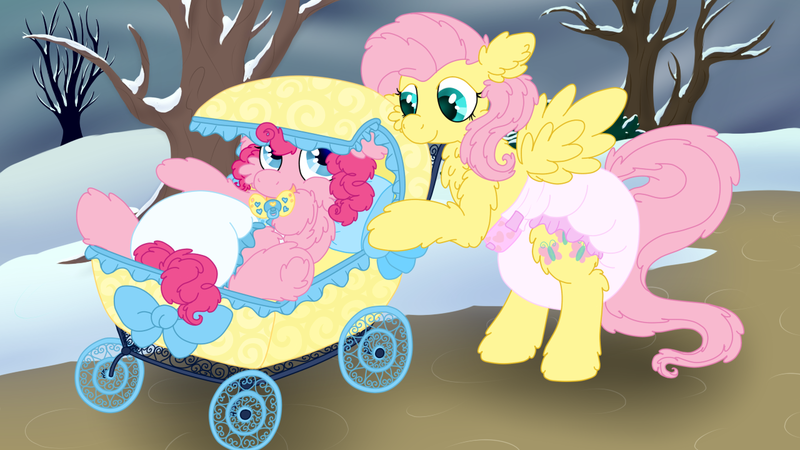 Size: 1280x720 | Tagged: adult foal, artist:plinkie_poi, cute, diaper, diaper fetish, fluffy, fluffy pony foal, fluttermom, fluttershy, pacifier, pinkie pie, poofy diaper, questionable, snow, stroller, super crinkle pony adventure 64, weapons-grade cute