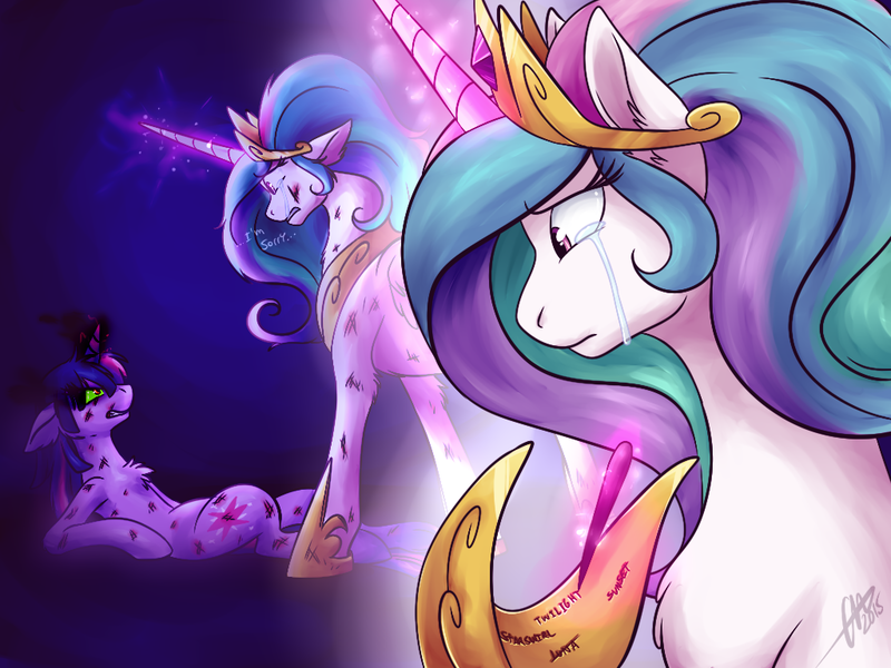 Size: 1024x768 | Tagged: semi-grimdark, artist:fizzy-dog, derpibooru import, princess celestia, twilight sparkle, alicorn, pony, unicorn, angry, chest fluff, corrupted, corrupted twilight sparkle, crying, dark magic, duo, ear fluff, evil twilight, failure, female, floppy ears, fluffy, glowing eyes, green sclera, list, magic, mare, peytral, regalia, regret, sad, series finale, shoulder fluff, sombra eyes, telekinesis, this will end in incineration, twilight is anakin, unicorn twilight