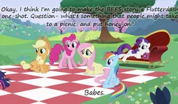 Size: 956x559 | Tagged: applejack, bee, derpibooru import, edit, edited screencap, fluttershy, honey, innuendo, insane pony thread, picnic, pinkie pie, rainbow dash, rarity, safe, screencap, shipping