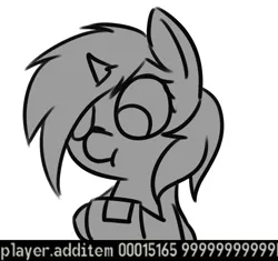 Size: 925x869 | Tagged: safe, artist:neuro, derpibooru import, oc, oc:littlepip, unofficial characters only, pony, unicorn, fallout equestria, fanfic, black and white, clothes, fanfic art, female, grayscale, mare, monochrome, party time mintals, pipbuck, simple background, solo, vault suit, white background