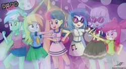 Size: 1898x1039 | Tagged: safe, artist:the-butch-x, derpibooru import, apple bloom, bon bon, derpy hooves, lyra heartstrings, photo finish, sweetie drops, vinyl scratch, equestria girls, dancing, disco, disco ball, disco dance