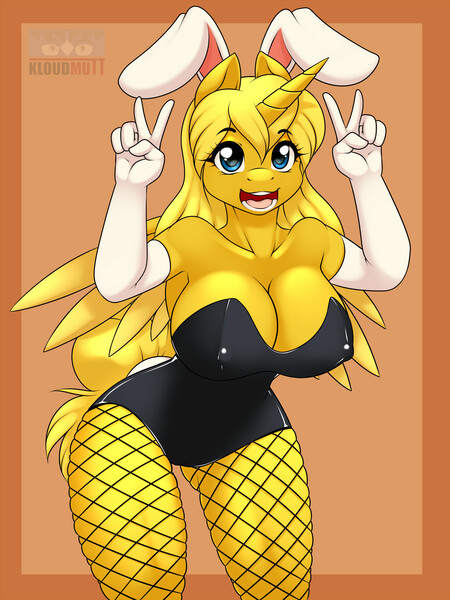 Size: 1260x1680 | Tagged: alicorn, alicorn oc, anthro, anthro oc, armpits, artist:kloudmutt, breasts, bunny girl, cleavage, clothes, derpibooru import, erect nipples, evening gloves, female, fishnets, looking at you, oc, oc:ticket, open mouth, peace sign, smiling, solo, solo female, suggestive, unofficial characters only