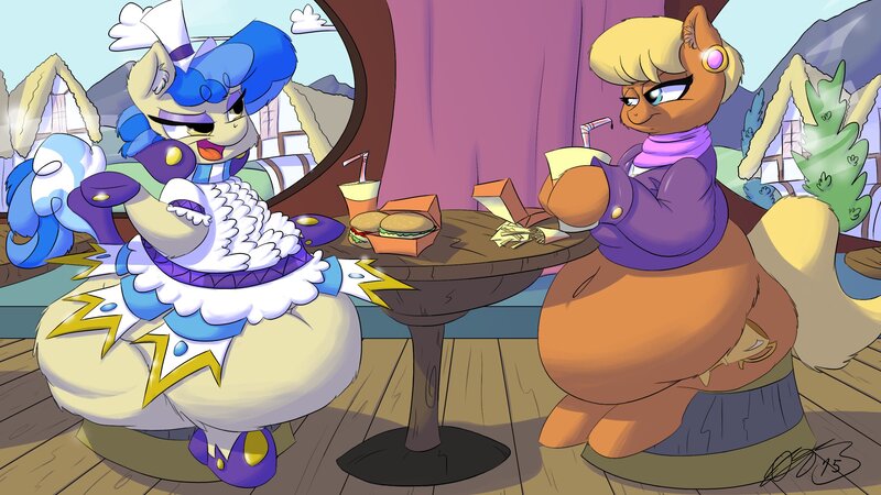 Size: 2732x1536 | Tagged: safe, artist:093, derpibooru import, ms. harshwhinny, sapphire shores, earth pony, pony, belly, belly button, burger, earring, fat, food, french fries, hat, hay burger, inside, ms. lardwhinny, muffin top, obese, ponyville, sitting, table, the ass was fat