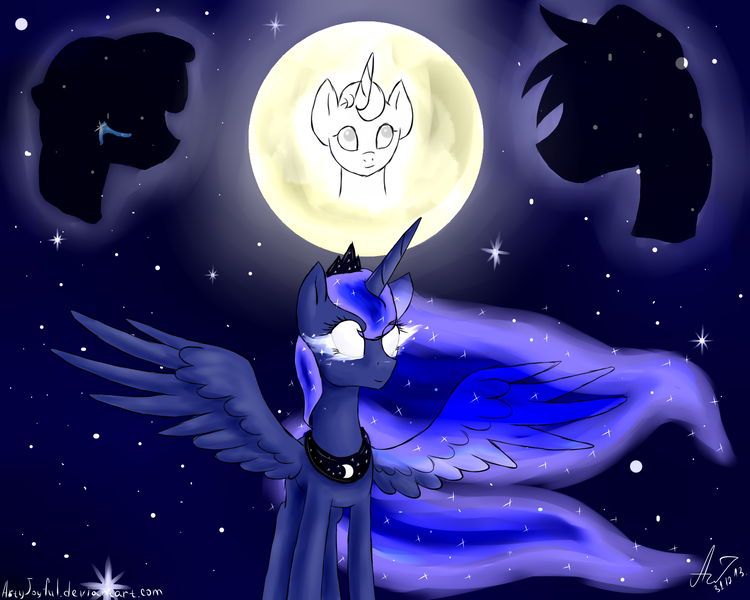 Size: 2000x1600 | Tagged: artist:artyjoyful, crying, derpibooru import, hijo de la luna, moon, night, oc, oc:cinnamon roll, oc:crescent, oc:crystal ball, princess luna, safe