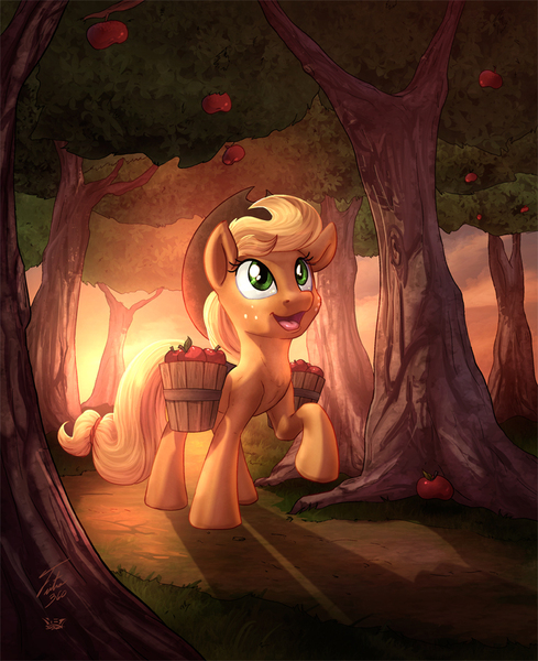 Size: 734x900 | Tagged: safe, artist:tsitra360, artist:vest, derpibooru import, applejack, earth pony, pony, apple, collaboration, cute, explosive collaboration, female, freckles, grass, hat, jackabetes, mare, open mouth, orchard, solo, tree
