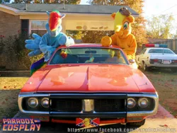 Size: 2000x1500 | Tagged: applejack, artist:judhudson, cosplay, derpibooru import, dukes of hazzard, fursuit, general lee, human, irl, irl human, photo, rainbow dash, safe