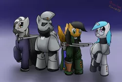 Size: 1280x860 | Tagged: safe, artist:the-furry-railfan, derpibooru import, oc, oc:minty candy, oc:moral fringe, oc:nikolai, oc:twintails, unofficial characters only, cyborg, pegasus, pony, unicorn, zebra, fallout equestria, fallout equestria: occupational hazards, armor, b.a.r., cape, clothes, group shot, gun, helmet, luger, pistol, power armor, rifle, steel ranger, steel rangers