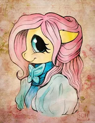 Size: 579x750 | Tagged: artist:scheadar, bust, clothes, cute, dress, floppy ears, fluttershy, looking at you, portrait, safe, shyabetes, solo