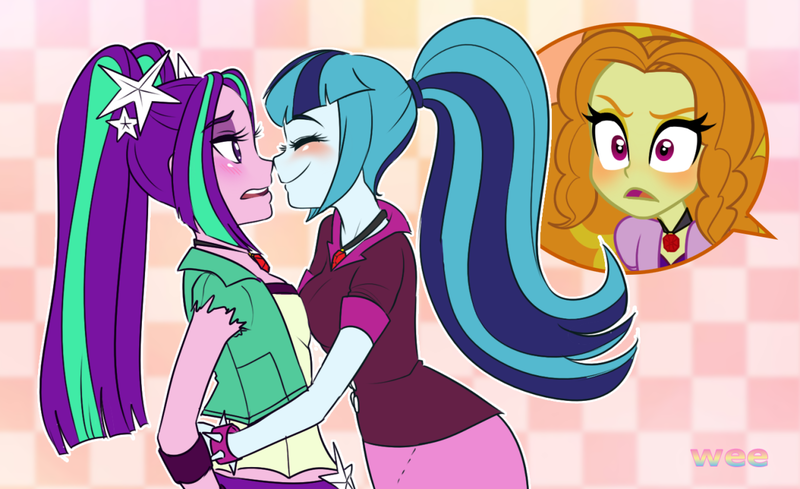 Size: 1280x783 | Tagged: safe, artist:rileyav, derpibooru import, adagio dazzle, aria blaze, sonata dusk, equestria girls, arisona, blushing, female, hug, lesbian, nuzzling, shipping, the dazzlings