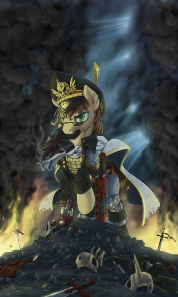 Size: 1000x1666 | Tagged: safe, artist:1jaz, derpibooru import, oc, unofficial characters only, earth pony, pony, bolter, chainsword, clothes, commissar, crossover, dark, male, mouth hold, skull, solo, stallion, sword, warhammer (game), warhammer 40k