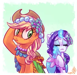 Size: 1100x1075 | Tagged: safe, artist:whitediamonds, derpibooru import, applejack, rarity, pony, unicorn, a canterlot wedding, clothes, crying, eyes closed, female, freckles, handkerchief, hat, lesbian, levitation, liarjack, magic, mare, rarijack, rarijack daily, scene interpretation, scrunchy face, shipping, tissue