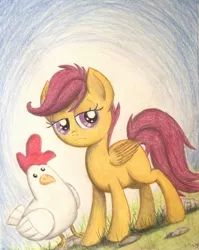 Size: 1066x1336 | Tagged: artist:thefriendlyelephant, chicken, derpibooru import, safe, scootachicken, scootaloo, scootaloo is not amused, traditional art