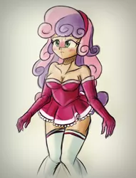 Size: 1174x1539 | Tagged: adult, artist:ruhisu, blushing, breasts, cleavage, clothes, derpibooru import, dress, embarrassed, evening gloves, female, gift art, human, humanized, older, sexy, sketch, solo, standing, suggestive, sweetie belle