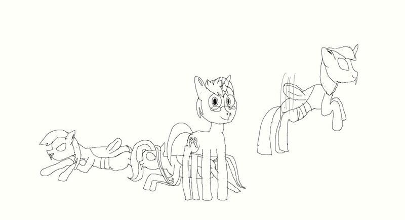 Size: 1211x660 | Tagged: artist:derek the metagamer, changeling, changelingified, crude sketch, damuro, dashling, derpibooru import, female, flutterling, fluttershy, flying, lineart, male, monochrome, muro, oc, oc:derek the metagamer, rainbow dash, safe, twilight sparkle