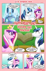 Size: 792x1224 | Tagged: artist:henbe, comic, crystal palace, derpibooru import, eyes closed, female, heart, hearts and hooves day, hug, male, open mouth, princess cadance, royal guard, safe, shining armor, shiningcadance, shipping, smiling, straight