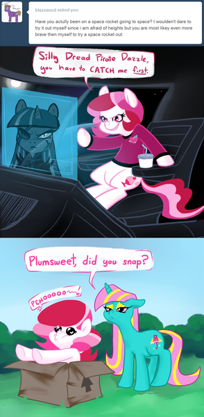 Size: 700x1429 | Tagged: artist:peachiekeenie, ask, ask plumsweet, box, clothes, comic, derpibooru import, dewdrop dazzle, plumsweet, safe, space, spaceship, tumblr