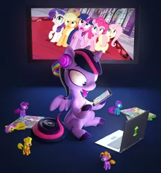 Size: 652x699 | Tagged: safe, artist:big shot toy works, derpibooru import, idw, applejack, fluttershy, pinkie pie, rainbow dash, rarity, twilight sparkle, twilight sparkle (alicorn), alicorn, pony, 3d, brony, computer, drool, fangirl, female, headphones, hoof hold, in-universe pegasister, irony, laptop computer, mane six, mare, open mouth, sitting, smiling, tablet, television, tongue out, unshorn fetlocks, wide eyes