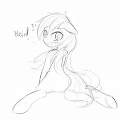 Size: 2094x2094 | Tagged: safe, artist:randy, derpibooru import, oc, oc:aryanne, unofficial characters only, earth pony, pony, bipedal, black and white, blushing, crying, embarrassed, female, flowing mane, grayscale, looking back, moaning, monochrome, nein, plot, prone, rear view, sitting, sketch, solo, sploot