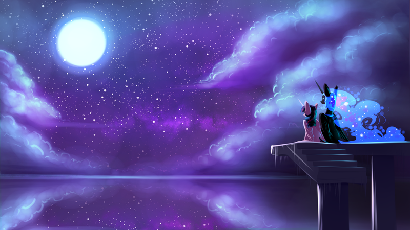 Size: 1920x1080 | Tagged: safe, derpibooru import, nightmare moon, twilight sparkle, twilight sparkle (alicorn), alicorn, pony, female, mare, moon, night, night sky, reflection, scenery, sitting, sky, stairs, stars, twimoon, wallpaper, watching, water