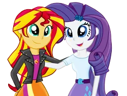 Size: 1206x907 | Tagged: safe, artist:majkashinoda626, derpibooru import, rarity, sunset shimmer, equestria girls, clothes, cute, female, lesbian, open mouth, shipping, simple background, skirt, smiling, sunsarity, transparent background, vector