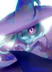 Size: 2343x3244 | Tagged: safe, artist:my-magic-dream, derpibooru import, trixie, pony, unicorn, adoracreepy, cape, clothes, creepy, cute, female, glowing eyes, grin, hat, looking at you, mare, perspective, portrait, smiling, solo, trixie's cape, trixie's hat