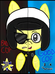 Size: 559x755 | Tagged: 1000 hours in ms paint, artist:purehearttheneko, derpibooru import, good cop bad cop, lego, ms paint, ponified, safe, solo, the lego movie, two sided posters