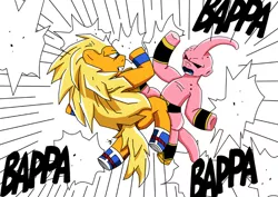 Size: 800x566 | Tagged: artist:nickstarwind89, dragon ball z, goku, kid buu, ponified, safe, super saiyan 3