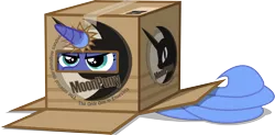 Size: 6000x2963 | Tagged: safe, artist:groxy-cyber-soul, derpibooru import, princess luna, box, cardboard box, filly, hiding, moon pie, s1 luna, solo, woona