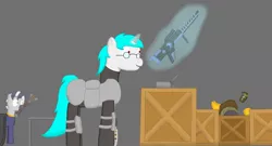 Size: 1280x692 | Tagged: safe, artist:minty candy, derpibooru import, oc, oc:minty candy, oc:nikolai, oc:twintails, unofficial characters only, cyborg, pegasus, pony, unicorn, zebra, fallout equestria, fallout equestria: occupational hazards, amazed, armor, box, clothes, crate, gauss rifle, glasses, grenade, gun, hammer, indoors, magic, rifle, telekinesis, war hammer