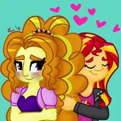 Size: 1000x1000 | Tagged: safe, artist:rivalcat, derpibooru import, adagio dazzle, sunset shimmer, equestria girls, adagio dazzle gets around, blushing, female, heart, lesbian, shipping, sunsagio, thick eyebrows