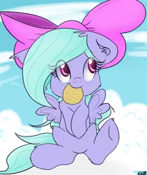 Size: 3000x3562 | Tagged: artist:freefraq, bow, cloud, cloudy, cookie, cute, derpibooru import, flitter, flitterbetes, safe, sitting, solo