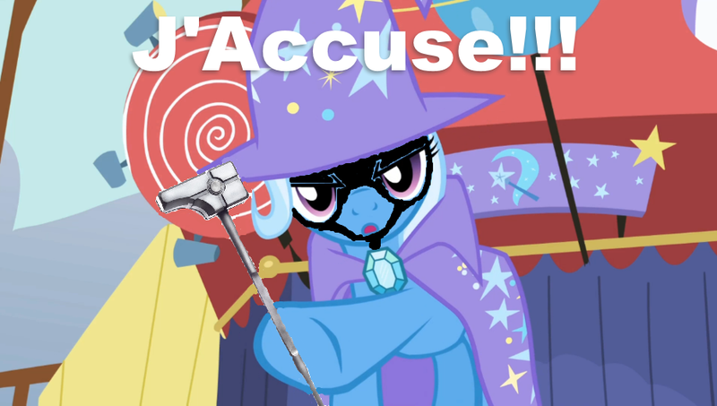 Size: 919x520 | Tagged: safe, derpibooru import, screencap, trixie, pony, unicorn, female, french, guardians of the galaxy, hammer, image macro, j'accuse, kree, mare, meme, pointing, ronan the accuser, serious face, solo, trixie yells at everything, universal weapon, war hammer