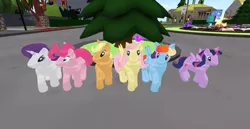 Size: 1280x658 | Tagged: safe, derpibooru import, applejack, fluttershy, pinkie pie, rainbow dash, rarity, twilight sparkle, twilight sparkle (alicorn), alicorn, pony, 3d, female, g1, g4 to g1, generation leap, mane six, mare, second life