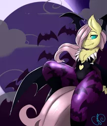 Size: 2200x2600 | Tagged: anthro, artist:cynux, bat, belly button, breasts, cloud, cosplay, darkstalkers, derpibooru import, fangs, female, flutterbat, fluttershy, looking at you, morrigan aensland, navel cutout, nudity, smiling, solo, suggestive, thighs, wide hips