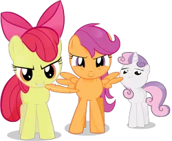 Size: 3948x3258 | Tagged: apple bloom, artist:jrrhack, cutie mark crusaders, derpibooru import, feather, high res, imminent tickles, pure unfiltered evil, safe, scootaloo, simple background, slasher smile, sweetie belle, transparent background, vector