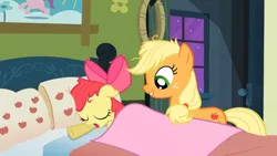 Size: 1366x768 | Tagged: adorabloom, apple bloom, apple family reunion, applejack, bed, cute, derpibooru import, female, filly, jackabetes, mare, messy mane, night, not creepy, out of context, safe, screencap, sleeping, smiling, stars