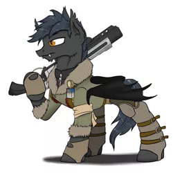 Size: 894x894 | Tagged: safe, artist:slouping, derpibooru import, oc, oc:cartouche, unofficial characters only, bat pony, pony, fallout equestria, ammunition, ammunition belt, clothes, fangs, fur, gun, leggings, older, shotgun, shotgun shell, simple background, solo, torchlight, weapon, white background