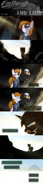 Size: 899x3833 | Tagged: grimdark, artist:brisineo, derpibooru import, oc, oc:littlepip, unofficial characters only, pegasus, pony, unicorn, fallout equestria, fallout equestria: the line, fanfic, clothes, comic, do you feel like a hero yet?, fanfic art, female, hallucination, hooves, horn, male, mare, open mouth, solo, spec ops: the line, stallion, teeth, text, vault suit