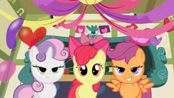 Size: 1280x720 | Tagged: apple bloom, bedroom eyes, cutie mark crusaders, derpibooru import, edit, edited screencap, hearts and hooves day, hearts and hooves day (episode), plotting, ponyville schoolhouse, pure unfiltered evil, run, safe, scootaloo, screencap, sweetie belle