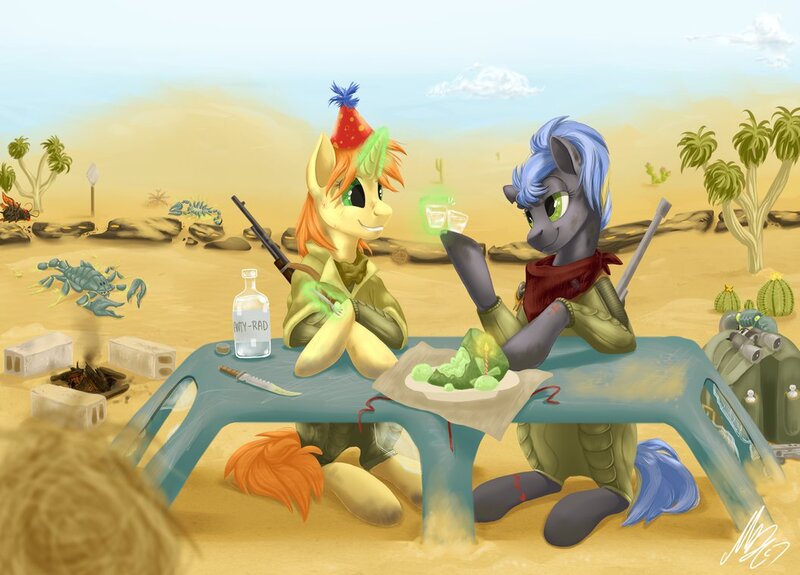 Size: 1055x758 | Tagged: safe, artist:gonedreamer, derpibooru import, oc, oc:amber drop, oc:rain dancer, unofficial characters only, pony, unicorn, fallout equestria, binoculars, birthday, birthday candle, cactus, campfire, desert, female, happy, knife, mare, radscorpion