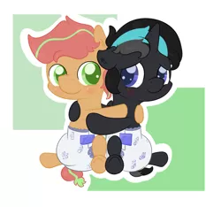 Size: 1112x1041 | Tagged: safe, artist:vitriolink, derpibooru import, oc, oc:dusk shadow, oc:shy flames, unofficial characters only, pony, baby, baby pony, commission, diaper, foal, poofy diaper