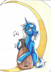 Size: 1024x1457 | Tagged: safe, artist:silverpalettemlp, derpibooru import, oc, oc:nightly, unofficial characters only, pony, bard, blue, crescent moon, lute, male, music, musical instrument, solo, stallion, traditional art