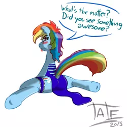 Size: 1024x1024 | Tagged: suggestive, artist:tatemil, derpibooru import, rainbow dash, blushing, clothes, dialogue, dress, garter, plot, solo, tongue out