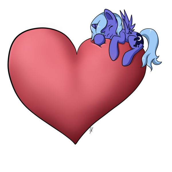 Size: 2000x2000 | Tagged: safe, artist:cleoziep, derpibooru import, princess luna, :3, eyes closed, filly, heart, prone, solo, woona