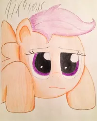 Size: 1024x1281 | Tagged: artist:a7xcaramel, bored, colored, colored pencil drawing, derpibooru import, sad, safe, scootaloo, solo, traditional art