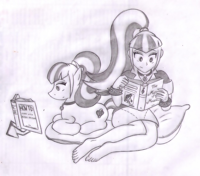 Size: 1645x1449 | Tagged: safe, artist:poseidonathenea, derpibooru import, octavia melody, sonata dusk, ponified, equestria girls, barefoot, feet, human ponidox, missing shoes, monochrome, pencil drawing, reading, traditional art