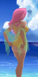 Size: 496x1000 | Tagged: artist:koldangrey, ass, breasts, busty fluttershy, clothes, derpibooru import, female, fluttershy, human, humanized, one-piece swimsuit, open-back swimsuit, sash, see-through, solo, suggestive, swimsuit