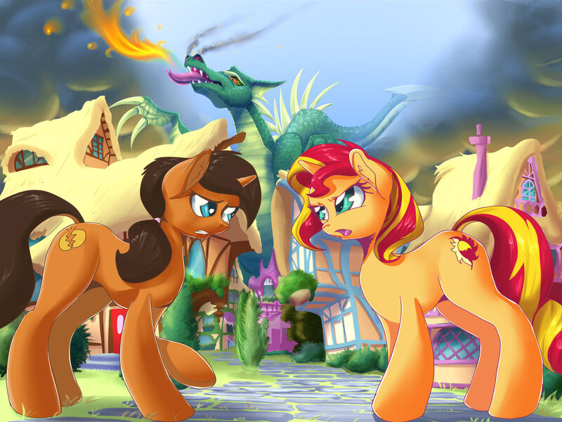 Size: 1024x768 | Tagged: safe, artist:f-nar, derpibooru import, gingersnap, sunset shimmer, dragon, pony, unicorn, cover art, ponyville, shimmerverse