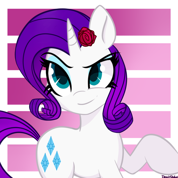 Size: 1282x1282 | Tagged: safe, artist:ibacchstudios, derpibooru import, rarity, flower in hair, raised hoof, solo